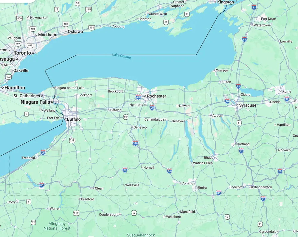 Map of the Greater Rochester, NY service area covered by Tall Pines Roofing