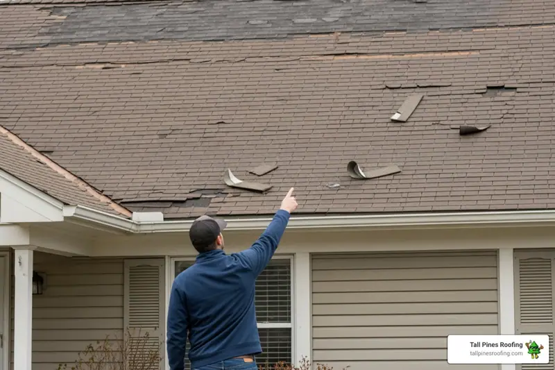 Tall Pines pointing out lifted, damaged shingles on a Rochester roof